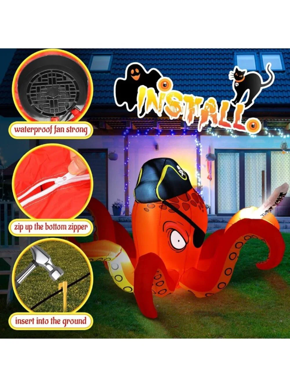 Giant 7.2 ft Lighted Halloween Inflatable Pirate Octopus for Outdoor Decor